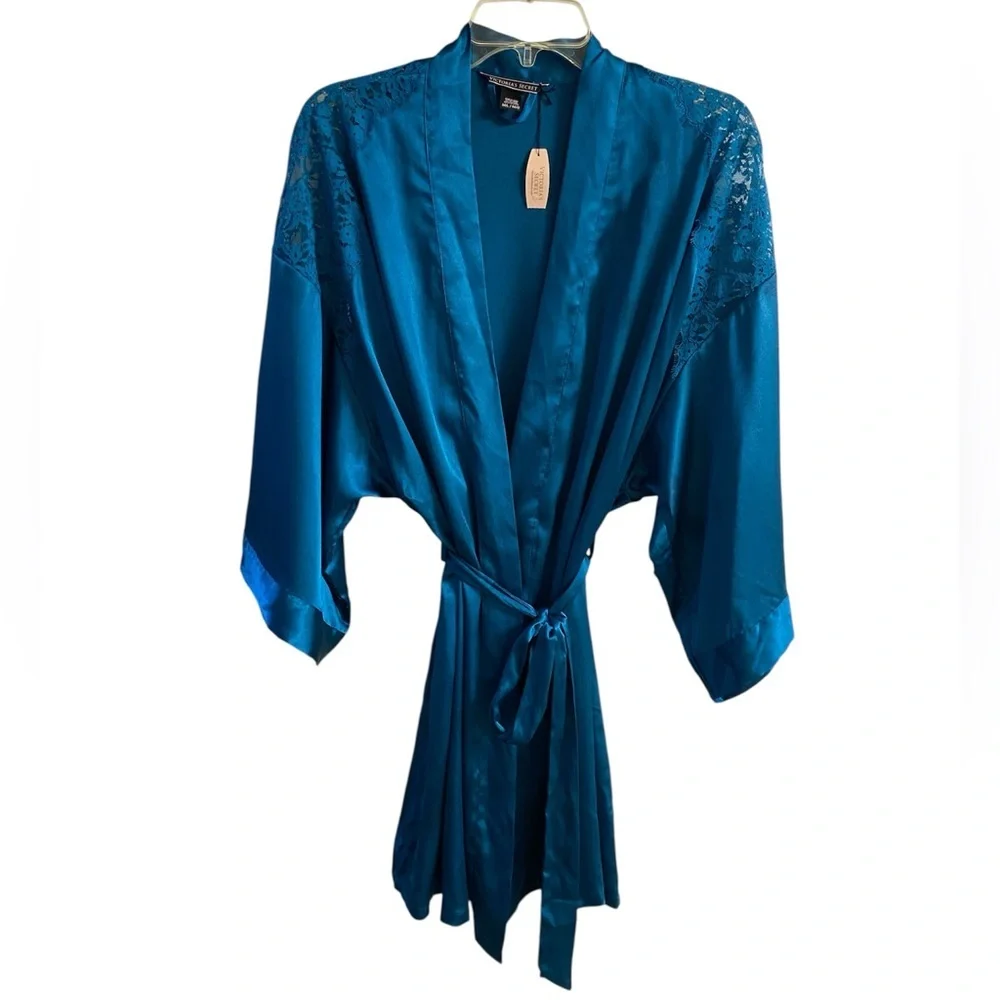 Victoria's Secret Teal Satin Lace-Trim Kimono Robe NWT